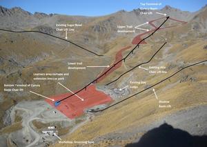 Aerial view of The Remarkables ski area showing existing lift lines and the new proposed Curvey Basin chairlift.